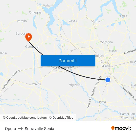 Opera to Serravalle Sesia map