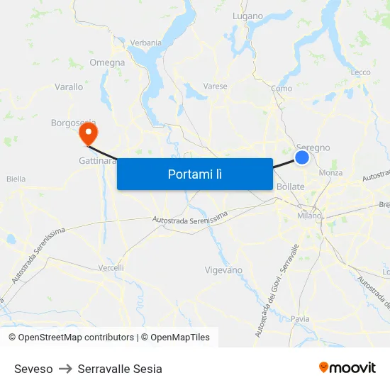 Seveso to Serravalle Sesia map