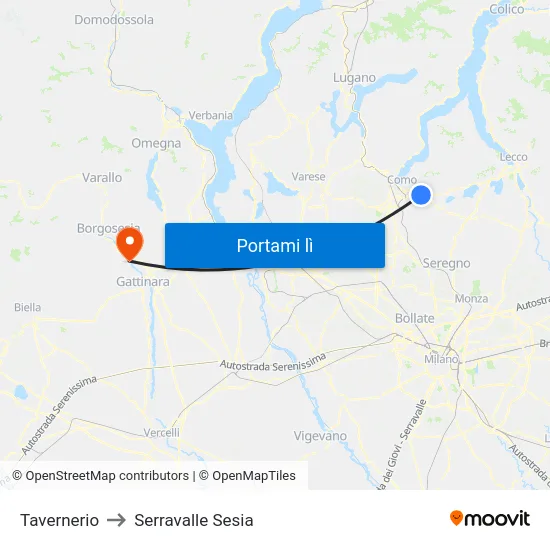 Tavernerio to Serravalle Sesia map