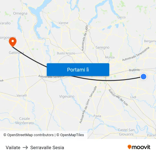 Vailate to Serravalle Sesia map