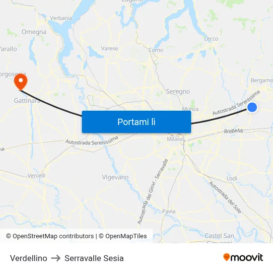 Verdellino to Serravalle Sesia map