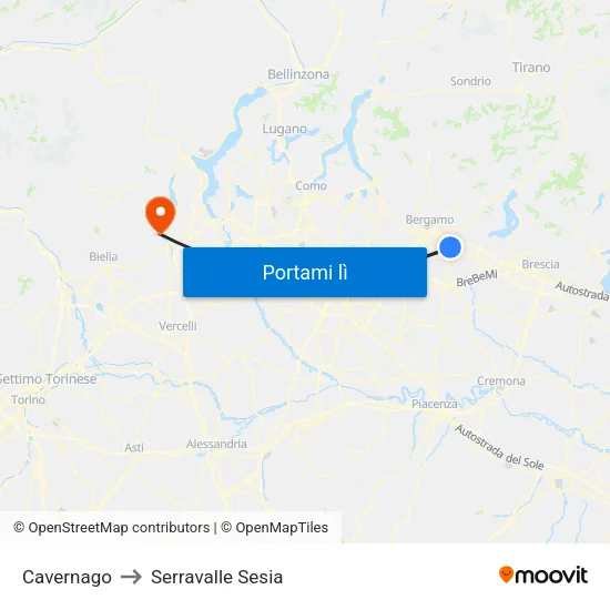 Cavernago to Serravalle Sesia map