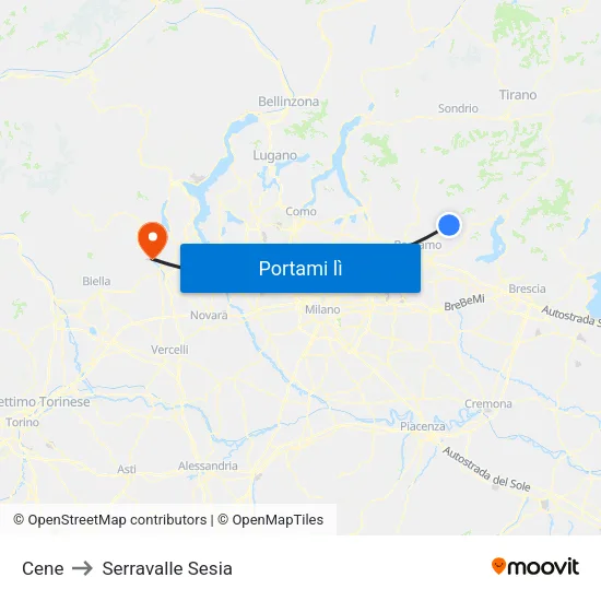 Cene to Serravalle Sesia map