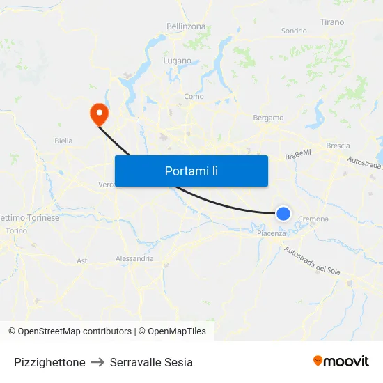Pizzighettone to Serravalle Sesia map