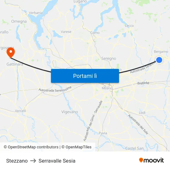 Stezzano to Serravalle Sesia map