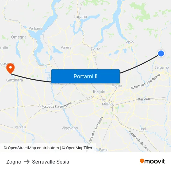 Zogno to Serravalle Sesia map