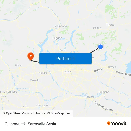 Clusone to Serravalle Sesia map