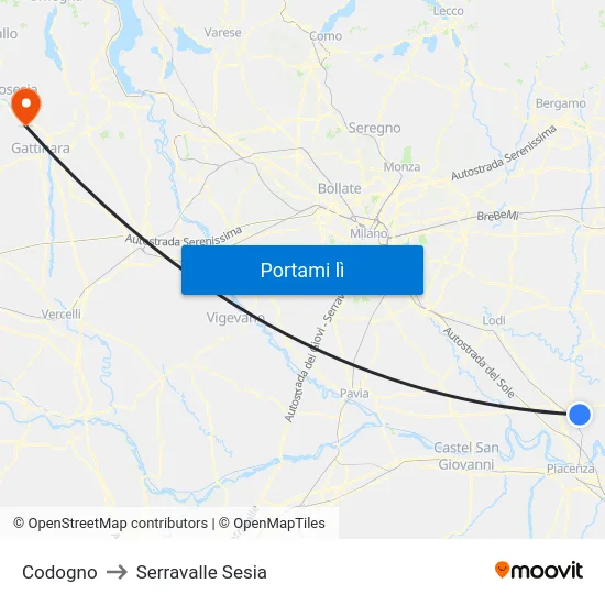 Codogno to Serravalle Sesia map