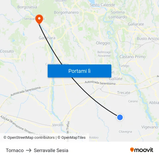 Tornaco to Serravalle Sesia map