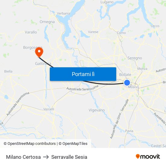 Milano Certosa to Serravalle Sesia map