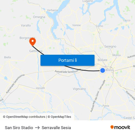 San Siro Stadio to Serravalle Sesia map