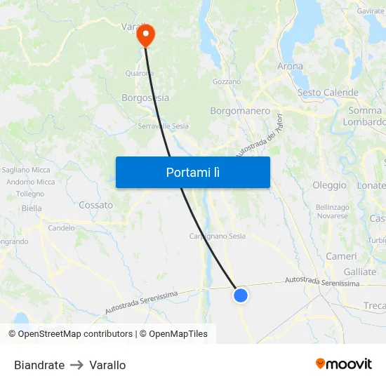 Biandrate to Varallo map