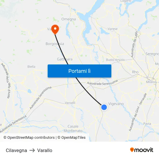 Cilavegna to Varallo map