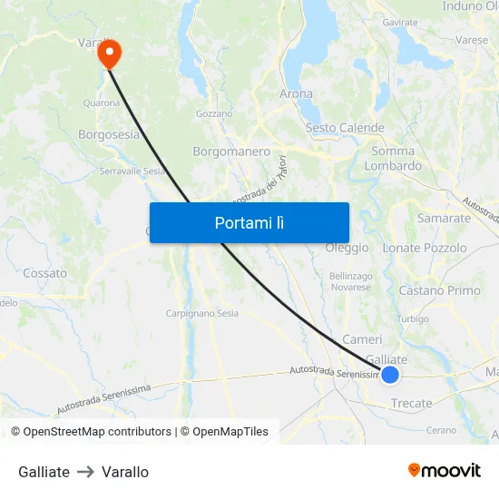 Galliate to Varallo map