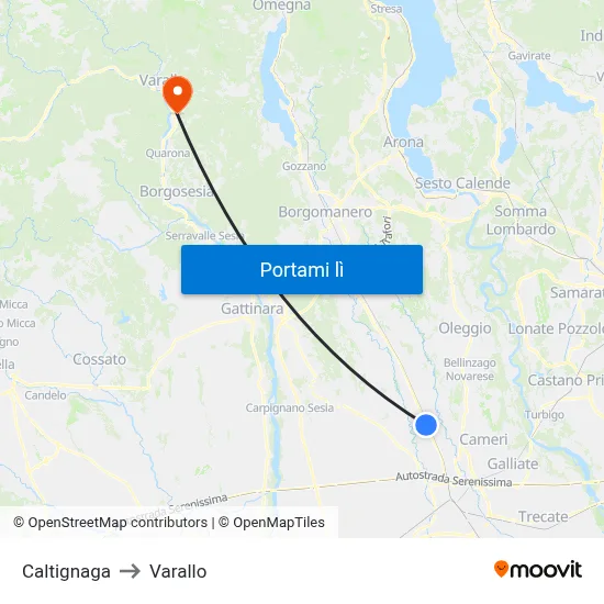 Caltignaga to Varallo map
