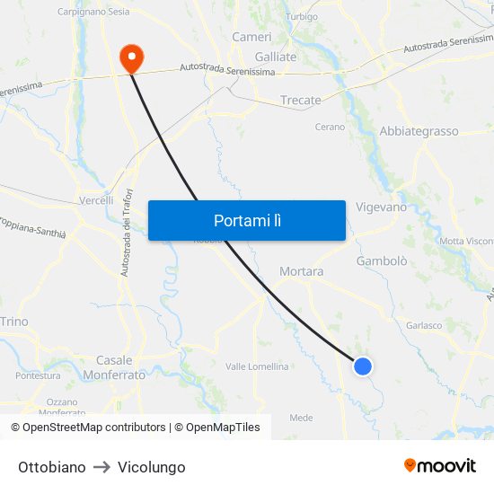 Ottobiano to Vicolungo map