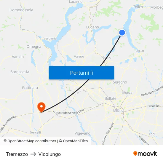 Tremezzo to Vicolungo map