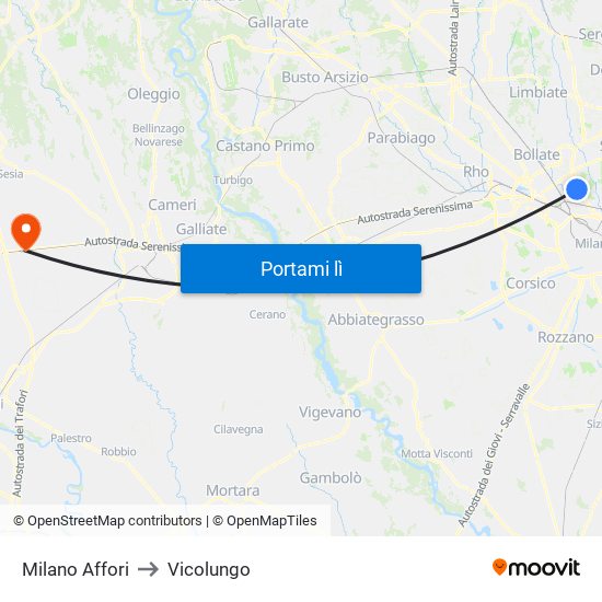 Milano Affori to Vicolungo map
