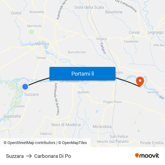 Suzzara to Carbonara Di Po map