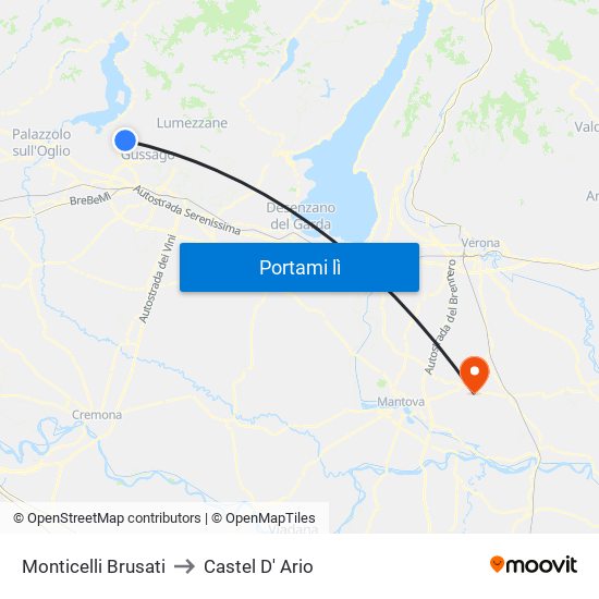 Monticelli Brusati to Castel D' Ario map