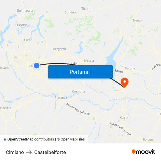 Cimiano to Castelbelforte map