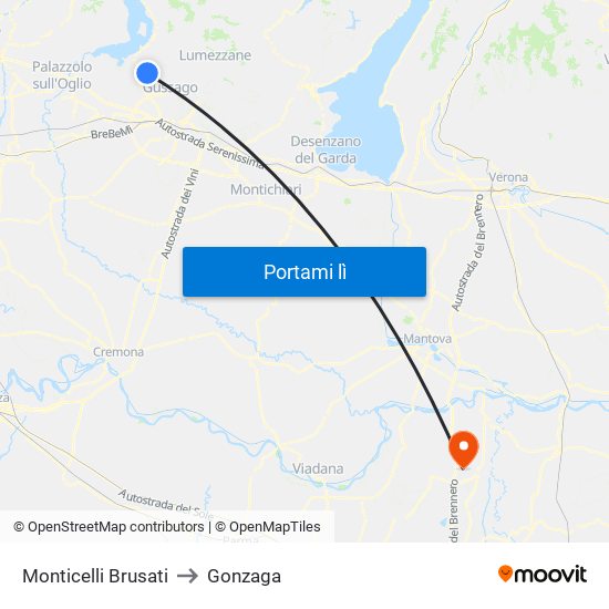 Monticelli Brusati to Gonzaga map