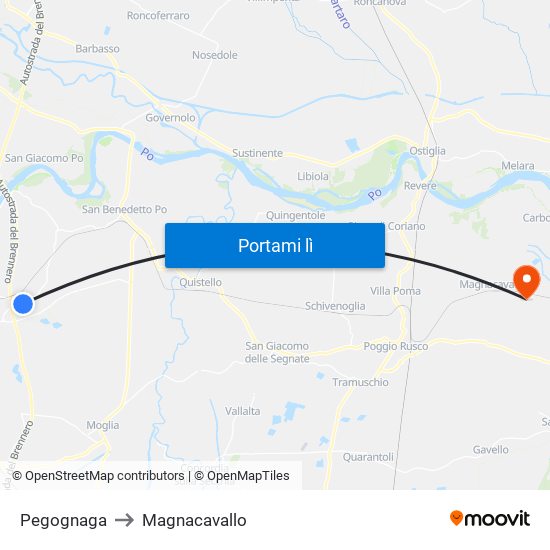 Pegognaga to Magnacavallo map