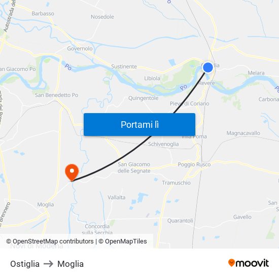 Ostiglia to Moglia map