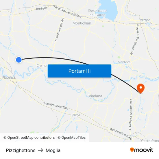 Pizzighettone to Moglia map