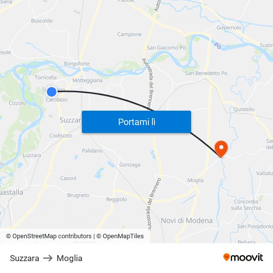 Suzzara to Moglia map