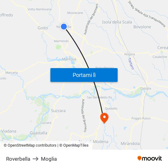 Roverbella to Moglia map