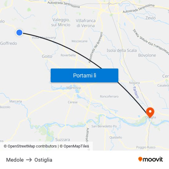 Medole to Ostiglia map