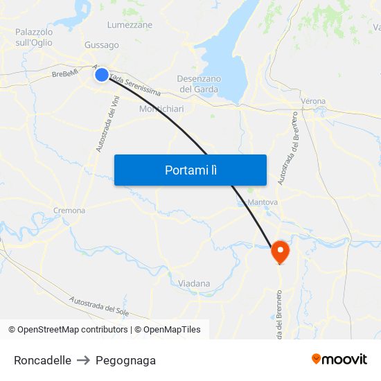 Roncadelle to Pegognaga map