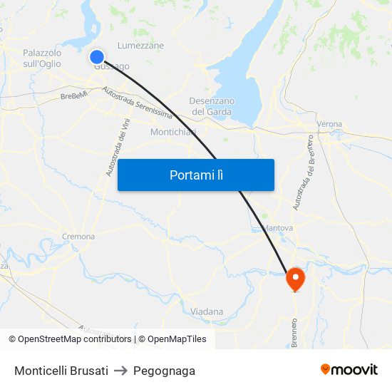 Monticelli Brusati to Pegognaga map