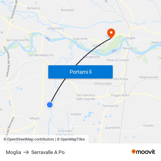 Moglia to Serravalle A Po map