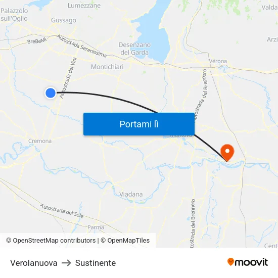 Verolanuova to Sustinente map