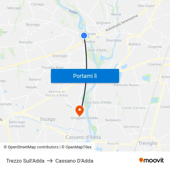 Trezzo Sull'Adda to Cassano D'Adda map
