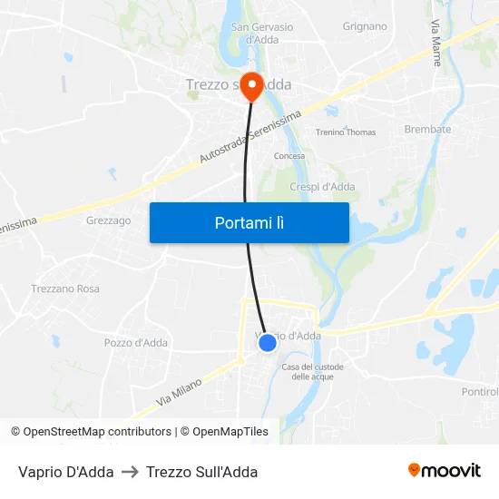 Vaprio D'Adda to Trezzo Sull'Adda map