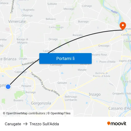 Carugate to Trezzo Sull'Adda map