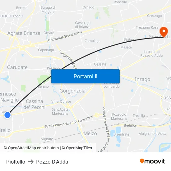 Pioltello to Pozzo D'Adda map