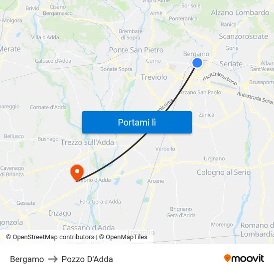 Bergamo to Pozzo D'Adda map