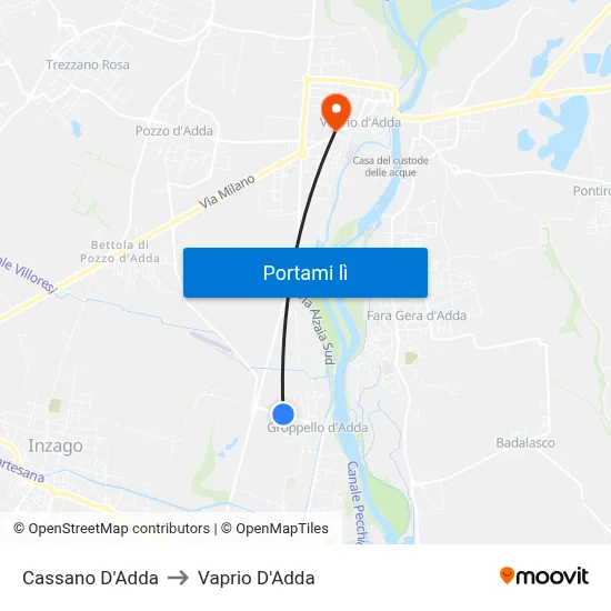 Cassano D'Adda to Vaprio D'Adda map