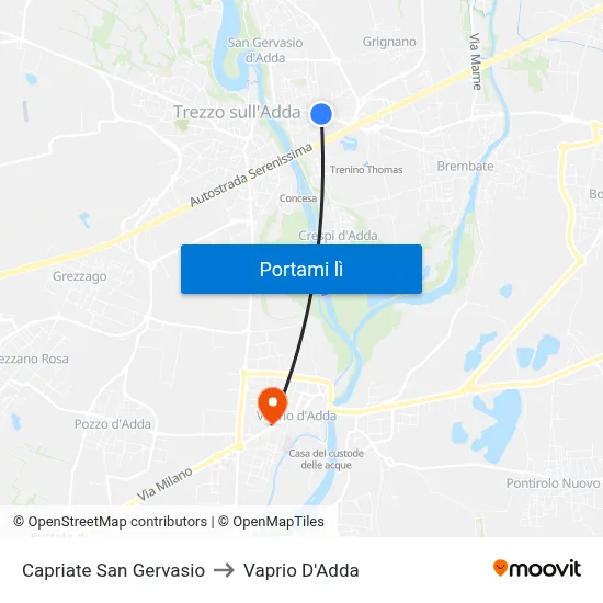 Capriate San Gervasio to Vaprio D'Adda map