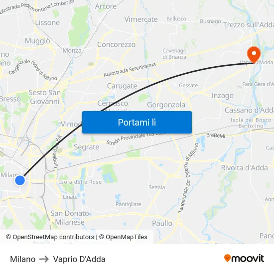 Milano to Vaprio D'Adda map
