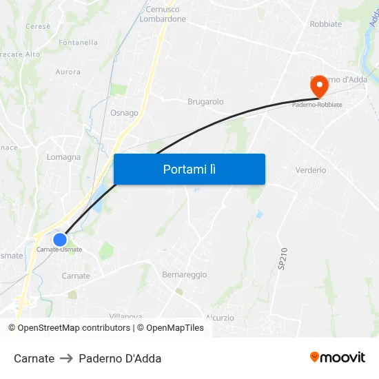 Carnate to Paderno D'Adda map