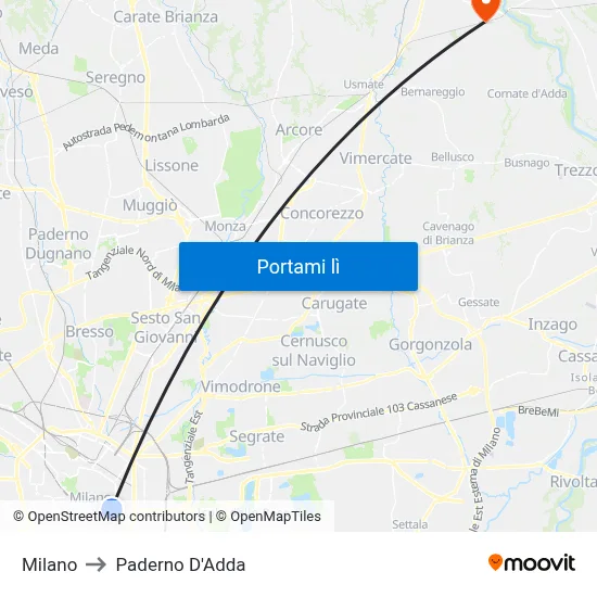 Milano to Paderno D'Adda map