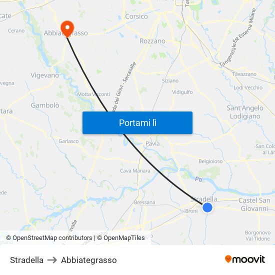 Stradella to Abbiategrasso map