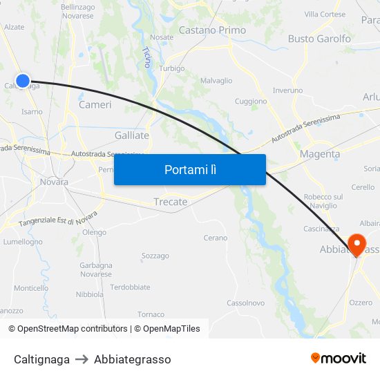 Caltignaga to Abbiategrasso map