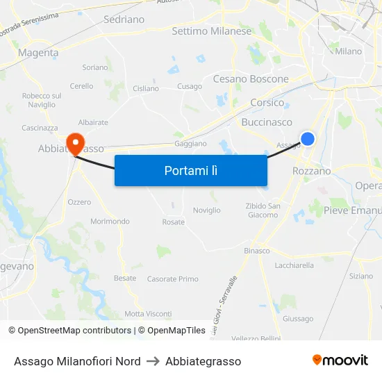 Assago Milanofiori Nord to Abbiategrasso map