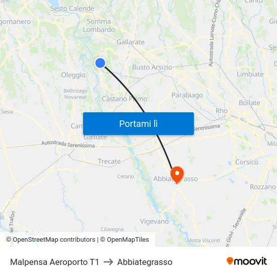 Malpensa Aeroporto T1 to Abbiategrasso map